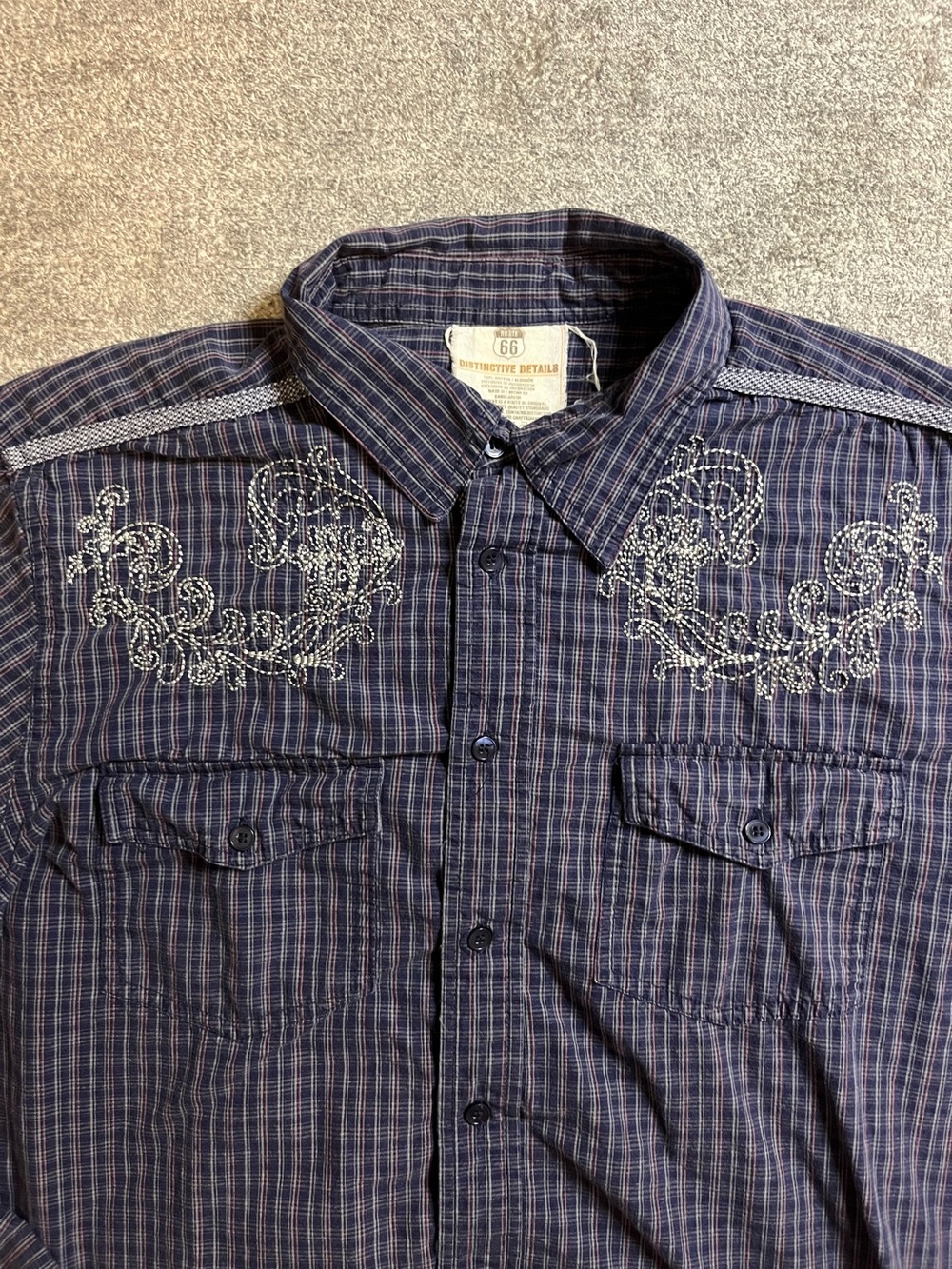 Route 66 Navy Blue Button-Down Shirt with White‎ Embroidery rockabilly western